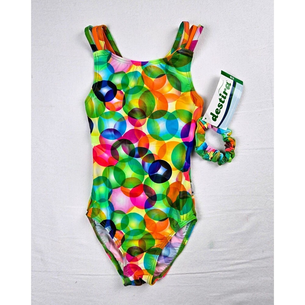 NWT Destira Child Small Balloons Woven Back Gymnastics Leotard Rainbow
